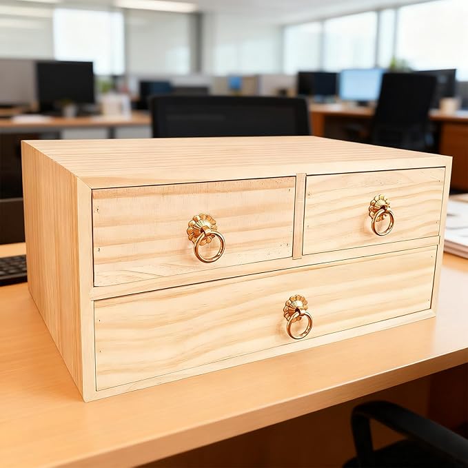 2 Layer Desk Organizer Natural Wooden Storage Box Counter Drawer | Office Desk Organizer Wood Desktop Organizer with Metal Handle 3 Drawer for Desk Accessories Home Office Counter Craft Decor