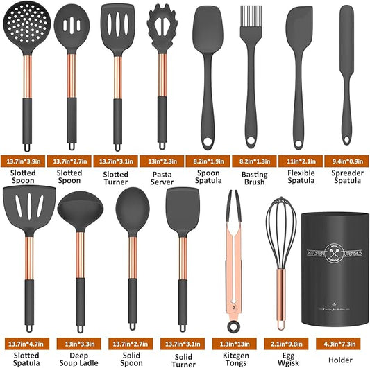 Silicone Cooking Utensil Set, Umite Chef Kitchen Utensils 15pcs Cooking Utensils Set Non-stick Silicone Rose Gold Handle Cooking Tools Whisk Kitchen Tools Set -Grey