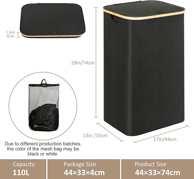 IEGrow Laundry Hamper with Lid, 110L Laundry Basket with Bag,Black | Dirty Clothes Hamper Basket with Bamboo Handle for Clothes Towels Organization
