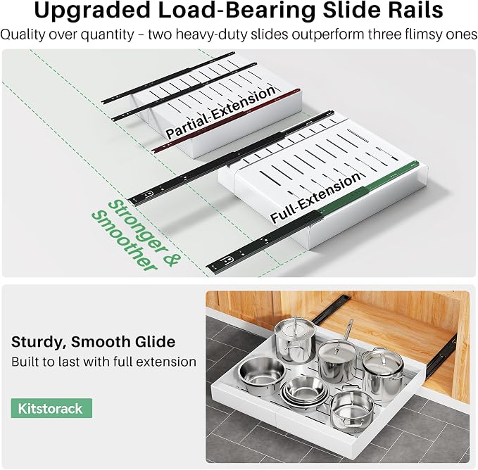 Pull out Cabinet Organizer, 6-pack, Expandable(12"-20") Heavy Duty Slide out Drawers Fixed with Adhesive Nano Film for Pots, Roll out Shelf Storage for Kitchen Base Cabinet Organization(3 Rails)