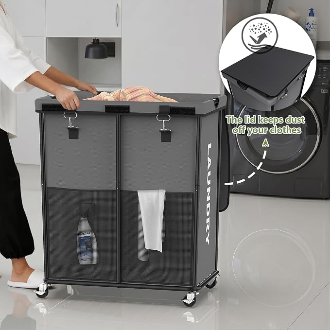 Laundry Hamper with Wheels and Lid, 225L Large Rolling Laundry Basket Gray | Heavy Duty Clothes Organizer, Sturdy Metal Frame, Lockable Swivel Casters, Removable Bag, For Bedroom, Bathroom, Laundry Room