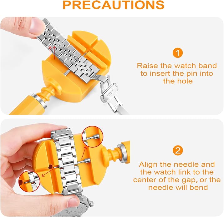 Watch Link Removal Kit，Professional Pin Remover and Band Adjuster | Resizing Tool And Repair Set for Bracelet Adjustment & Replacement with 6 Extra Pins，1 double-head hammer and 1 spring bar