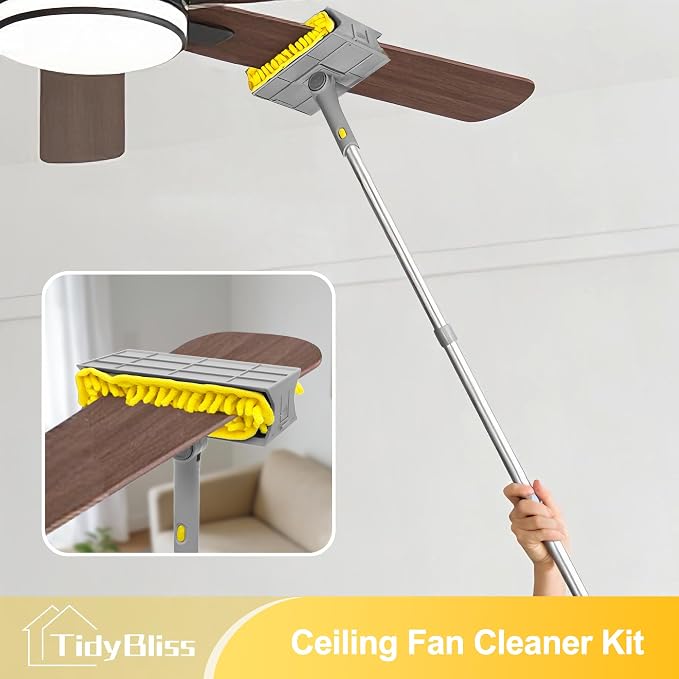 TidyBliss 77” Ceiling Fan Blades Cleaner Duster with Extension Pole, Extendable Flexible Dust Cleaning Brush, Reusable Chenille Mop for Baseboard Wall Floor Blinds Cobweb