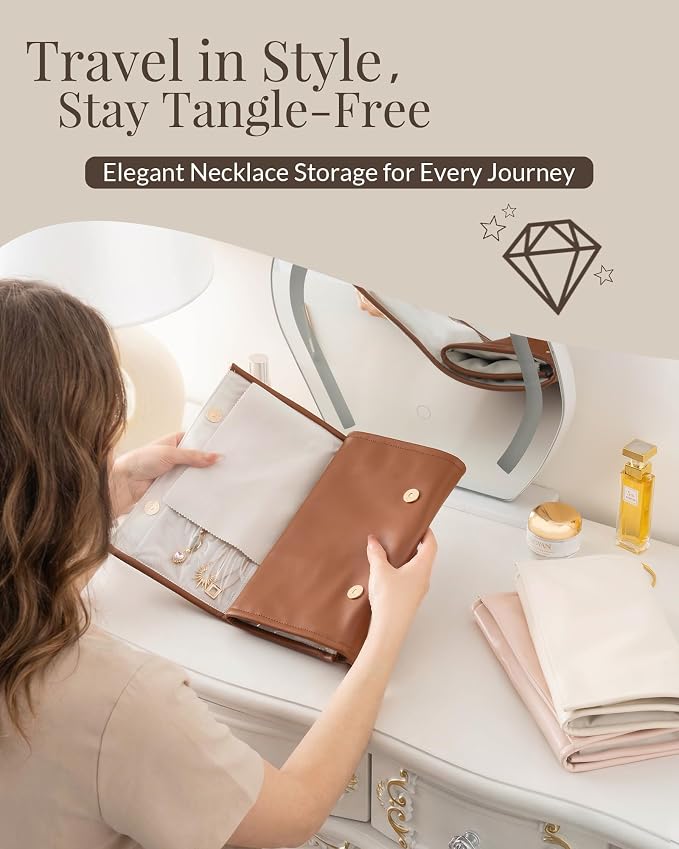 Lolalet Travel Necklace Organizer, Foldable Jewelry Case, Caramel, 18 Slots | Tangle-Free, Roll Up, PU Outer, Velvet Lining, Space-Saving, for Chains Bracelets, Gift for Women Girls Daughters Friends