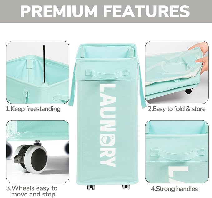 Goodpick 75L Rolling Laundry Basket with Removable Wash Bag for Living Room | Laundry Basket with Wheels, Collapsible Laundry Basket, Rolling Laundry Hamper with Handle for College Dorm,Blue