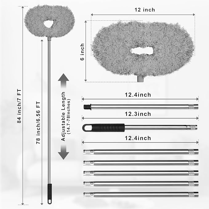 Eunice 13-78 Inches Ceiling Fan Duster with Extension Pole | Extendable Microfiber Cleaning Brush for High Ceiling, Blades, Cobwebs, Adjustable Dusting Tool for Home, Window,Door(Gray)