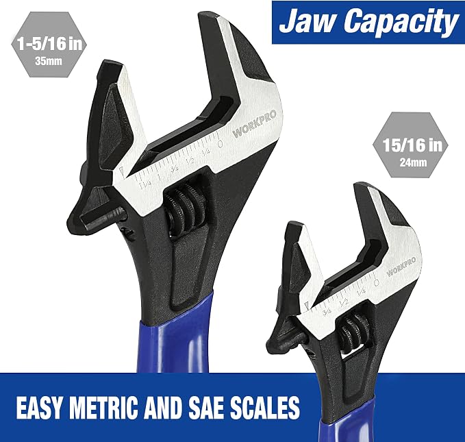 WORKPRO 2-Piece Adjustable Wrench Set, 6-Inch & 10-Inch Wide Jaw Wrenches | Black Oxide Wrench, Cr-V Steel, Metric & SAE Scales, Max Jaw Opening 15/16" & 1-5/16", for Home Repair, Plumbing, Garage Work