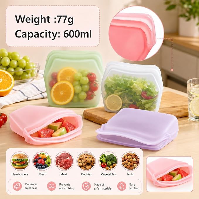 Everbag Silicone Storage, Everbag Food Storage Bags, Reusable Storage Bags, Leak-Proof Upright Freezer Bags (Purple+Green)