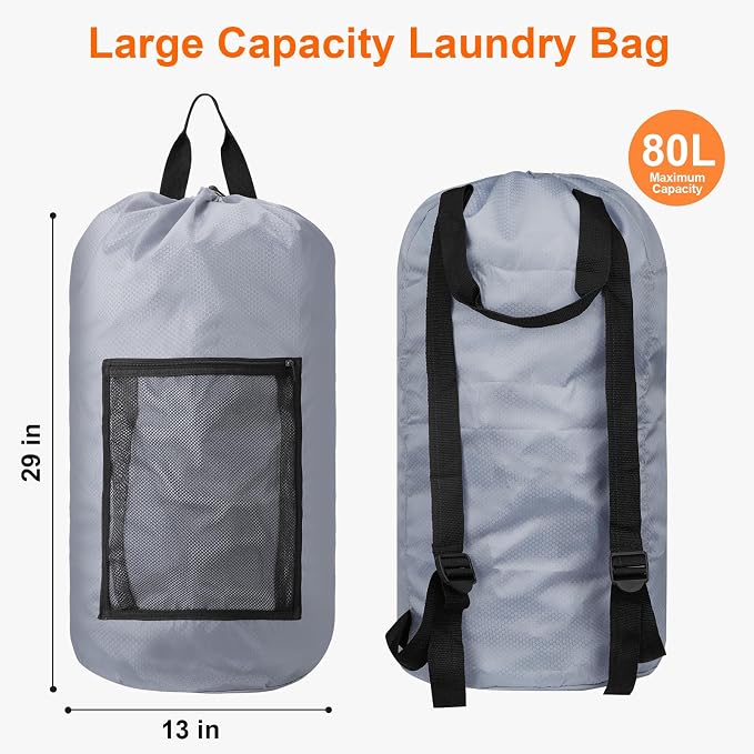 Laundry Bag Backpack Durable Laundry Bag with Shoulder Straps and Mesh Pockets Portable Laundry Hamper Dirty Clothes Bag for College, Travel, Laundromat, Apartment (Gray)