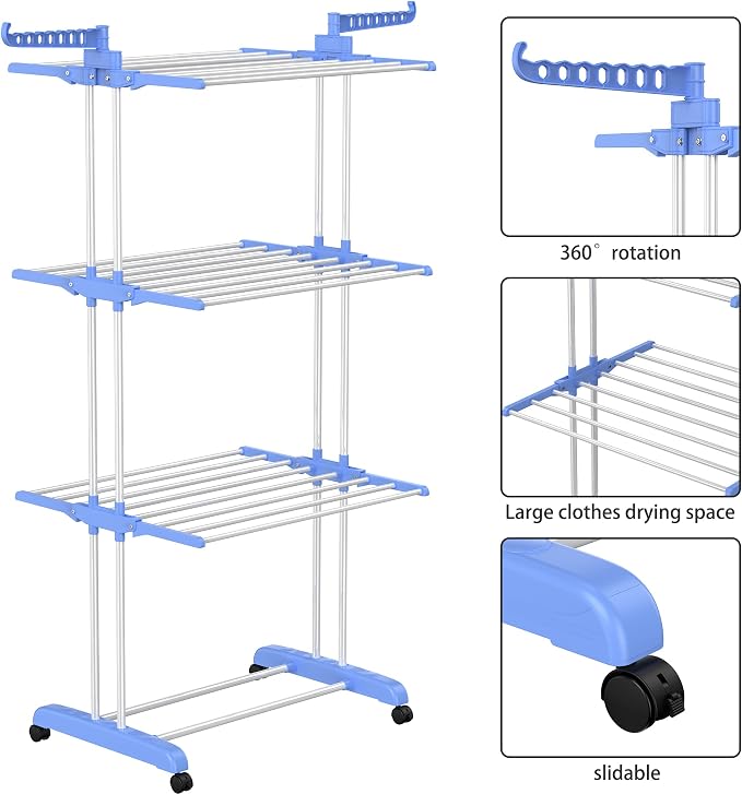 HOMIDEC Clothes Drying Rack, 4-Tier(67.7" H) Foldable Drying Rack Clothing | Foldable Stainless Steel Drying Rack, Movable Laundry Drying Rack with 4 Castors and 14 Hooks for Bed Linen, Clothing, Blue