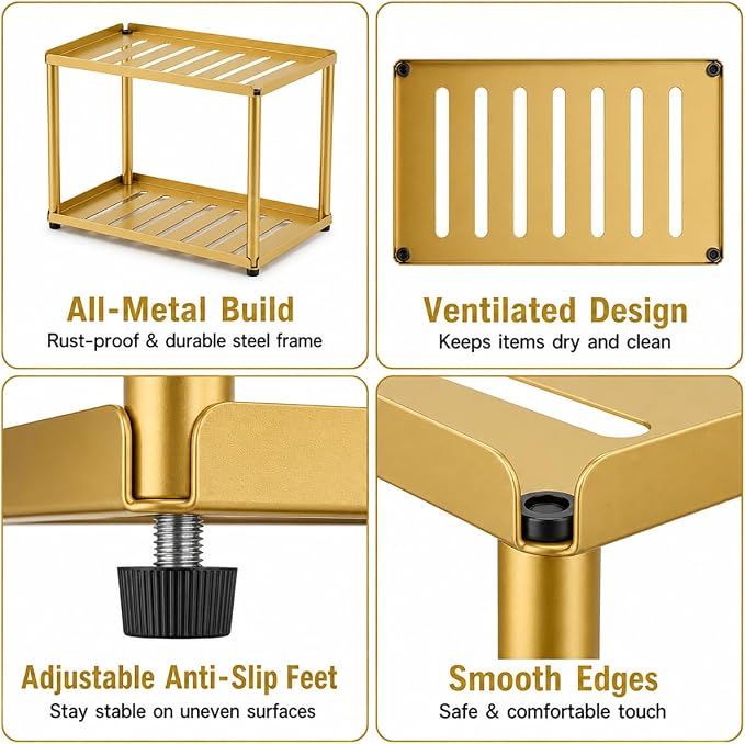 2 Tier Bathroom Counter Organizer, Rectangular Vanity Organizer Shelf, Skincare and Makeup Countertop Storage Rack for Kitchen, Bathroom, Bedroom (Gold)
