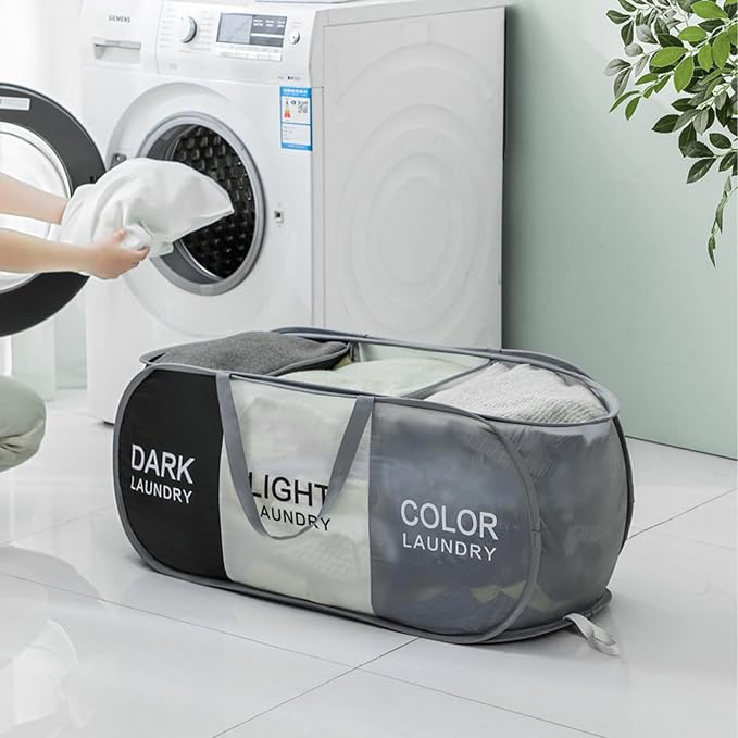 Collapsible Laundry Baskets with 3 Compartments, Black + Grey + Begie | 75L, Foldable, Pop up Hamper, Reinforced Durable Laundry Hamper for Home, Laundry, Bathroom, Dorm or Travel