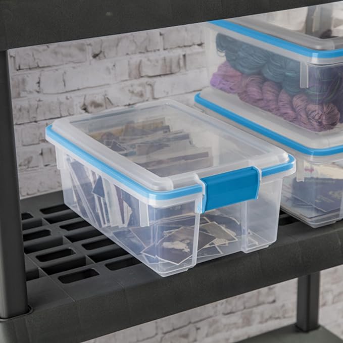 Sterilite Gasket Storage Box with Lids for Home & Office, 12 Quart, 6-Pack | Heavy-Duty, Stackable, and Organizing Containers for Bathroom, Cabinet, Closet, and Garage, Clear and Blue Aquarium Latches