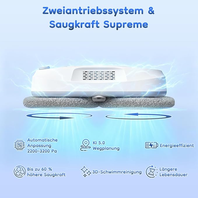 2026 Updated Window Cleaning Robot - Enhanced Battery, Max 6400Pa, Path Planning, Anti-Slipping, Edge Detection, Window Cleaner Robot for High-Rise Windows (2 pairs of nozzles, 10 cloths) (White)