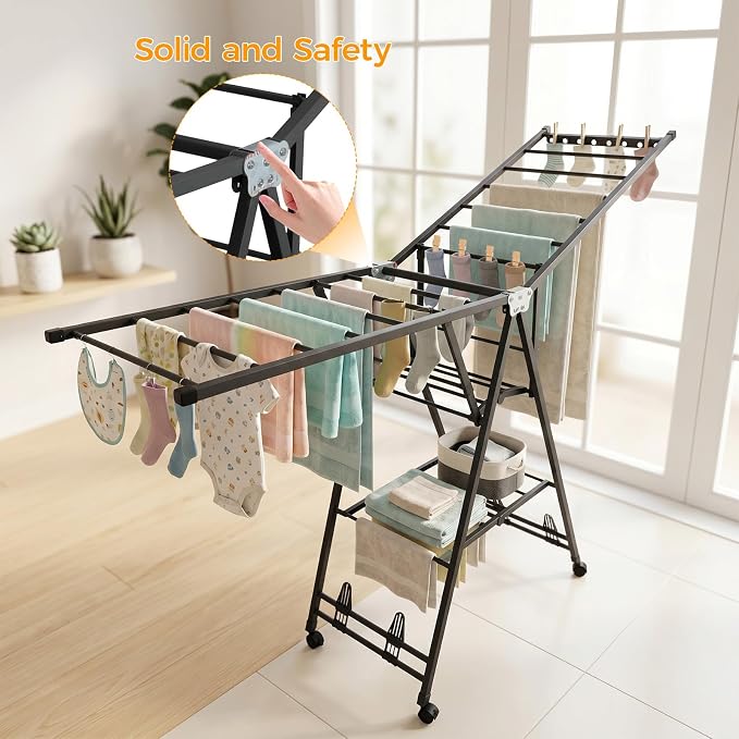 Clothes Rack, 2-Tier Drying Hanger, for 20 Pieces+, Foldable and Space Saving, Portable, Indoor or Outdoor Use, Solid Metal Clotheshorse, Nice for Mum, Gray(1.7 m Wing Length)