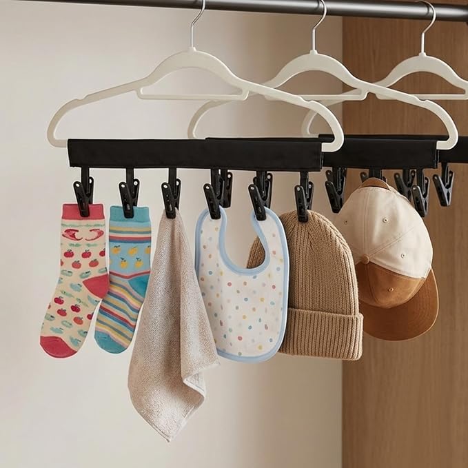 Mini Clothespins Travel Hangers 3 Pack All Black, Foldable Portable Clothes Hangers with 6 Non-Slip Clips for Socks Swimsuit Towel Drying, Ideal for Cruise Dorm Camping Travel Essentials