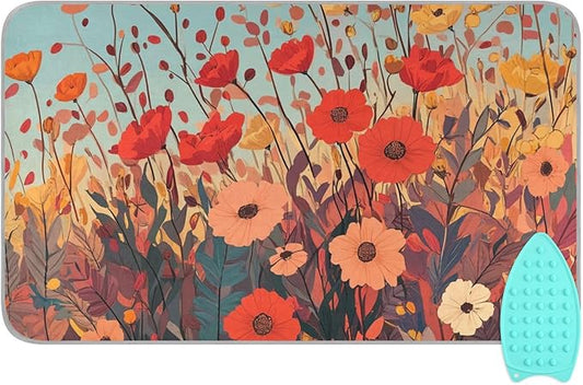 Autumn Poppy Flowers Ironing Mat Portable Ironing Pad Blanket with Silicone Iron Rest for Table Top Travel Heat Resistant Double-Side Using Large 47x28 Inch Foldable