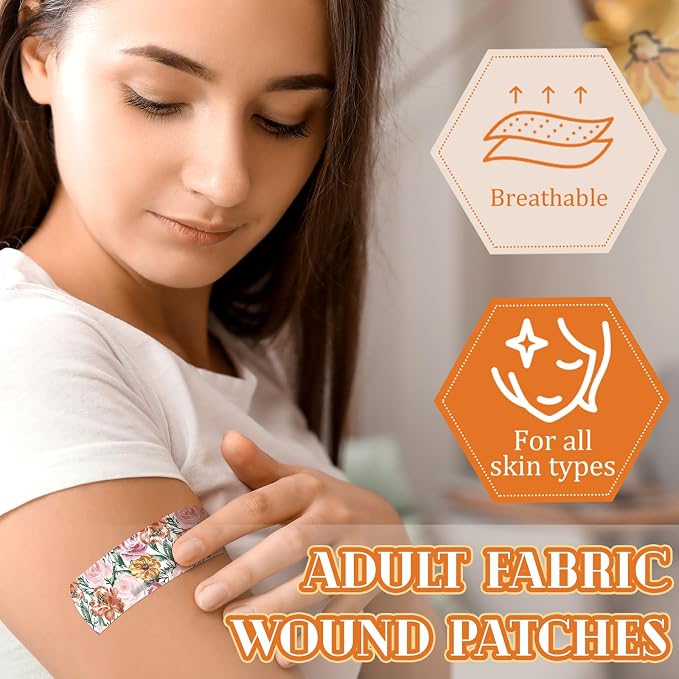 Threlaco 180 Pcs Flexible Fabric Adhesive Bandages Bulk Assorted Bandages Floral Breathable Fabric Strip with Non Stick Pad, Flexible Protection Wound Care for Women Cuts Scrapes First Aid, 12 Styles