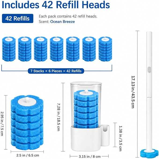 Disposable Toilet Brush with 42 Blue Refills, Toilet Bowl Cleaner Brush with Holder, Wall Mounted Toilet Wand Kit, Deep Cleaning Disposable Scrub Brush Heads