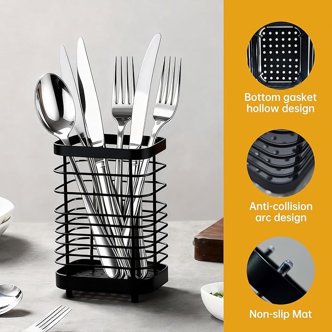 Stainless Steel Utensil Holder & Drying Rack for Kitchen Sink, Wall Mountable and Tabletop Cutlery Drainer Caddy for Spoons, Forks, Chopsticks (black)