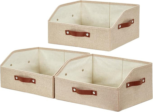Bagnizer Closet Organizers and Storage, Linen Trapezoid Storage Bins with Handles, Collapsible Shelf Organizer for Blanket, Towel, Clothes, Hats, Purse (Khaki)
