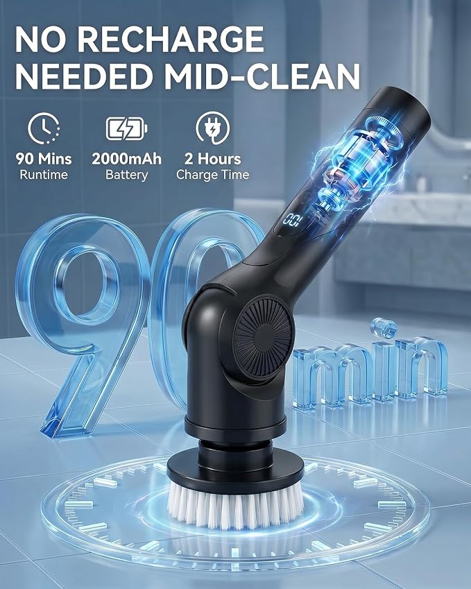 Electric Spin Scrubber, 3-Speed Shower Scrubber with Long Handle & 10 Replaceable Brush Heads, Cordless Full-Body IPX7 Waterproof Shower Cleaner Brush with 90 Mins Runtime for Bathroom