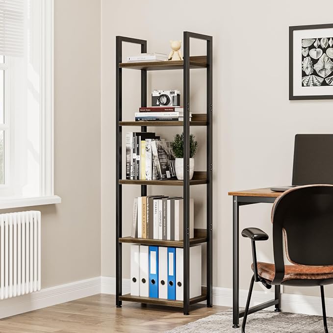 NUMENN Narrow Bookshelf, 5 Tier Freestanding Shelving Unit, Dark Walnut | Metal Frame & Wood Shelves, Falling Prevention Baffle, Open Storage Bookcase for Bedroom, Living Room & Home Office