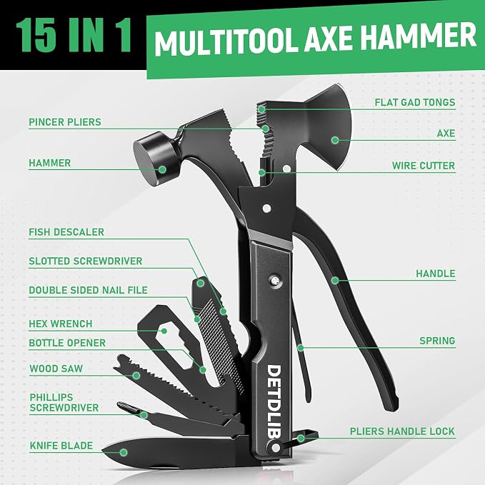 15-in-1 Multitool Axe Hatchet, Black | with Hammer, Knife, Saw, Essential for Camping, Hiking, Gifts for Men, Women, Dad, Husband, Birthday Gifts for Men