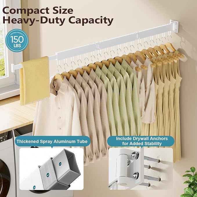 JAUREE Clothes Drying Rack Wall Mounted, Space-Saving Drying Rack Clothing, Collapsible Foldable Retractable Laundry Rack with 18 Hooks, Indoor/Outdoor, White