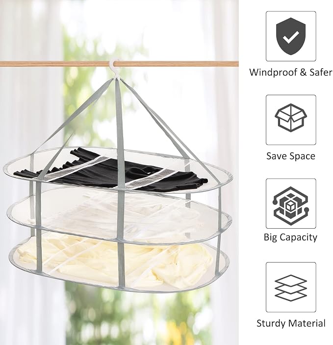 3-Tier Folding Mesh Clothes Hanging Dryer, Sweater Drying Rack, Large Laundry Drying Rack, Lay fold Flat Dry Hanger, Mesh Clothes Hanging Dryer - XL(3Tier)