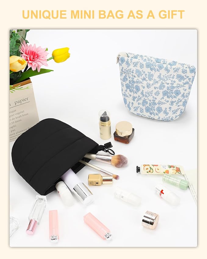 Relavel Mini Makeup Bag, Cute Toiletry Bag Organizer, Black | Smaller Cosmetic Pouch for Women, Portable Traveling Car Bag for Essentials with Compartment