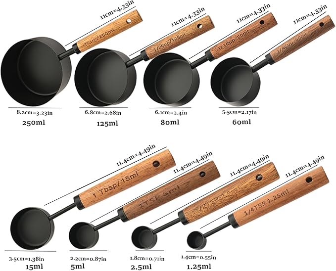 Measuring Cups and Spoons Set of 8, Matte Black Stainless Steel Nesting Kitchen Measuring Set, Wood Handle Dry and Liquid Measuring Cups, For Cooking and Baking