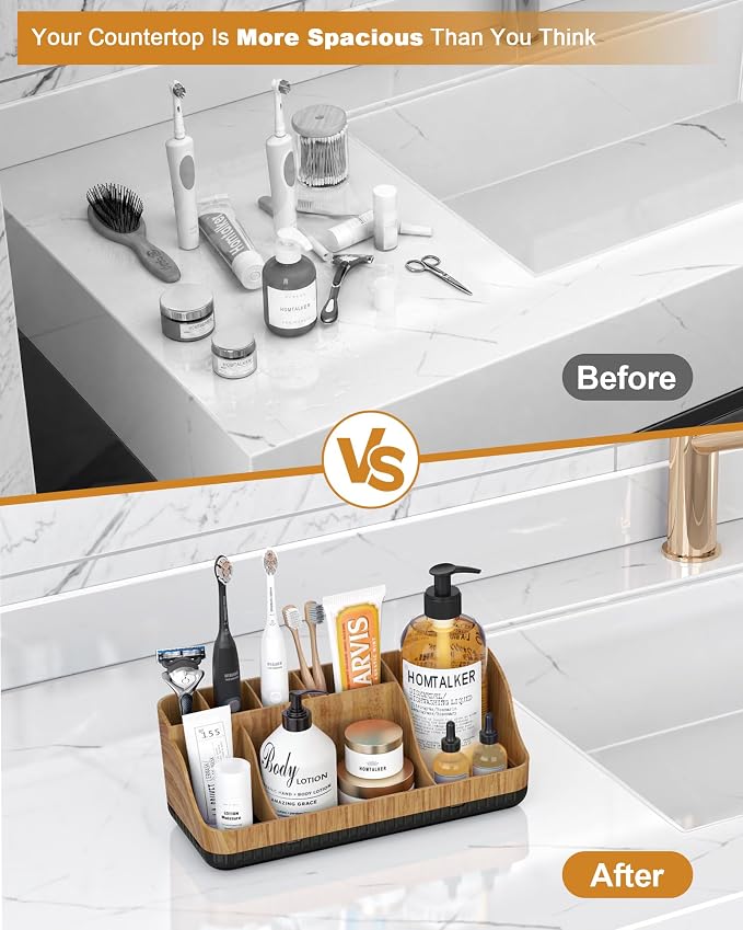 Bathroom Counter Organizer and Storage with 2 Pack Qtip Holder Dispenser, 7 Slots Detachable Toothbrush Holders for Bathrooms, Anti-Slip Electric Toothbrush and Toothpaste Holder Countertop