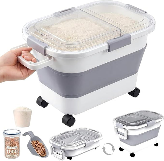 30 Lbs Rice Storage Container with Wheels, Collapsible Airtight Food Storage Container with Transparent Lid, Measuring Cup, Scoop, Handle, BPA Free Rice Holder for Pet Food, Grain, and Bird Seed