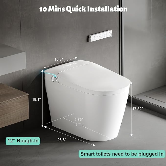 Smart Toilet with Bidet Built in, Bidet Toilet with Heated Seat and Night Light, One Piece Toilet for Bathroom, Auto Soft Close, UV-C light, Foam Shield, Full/Half Flush