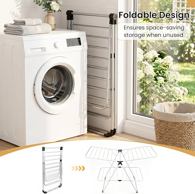 Tangkula Clothes Drying Rack Foldable, 2-Level Heavy-Duty Aluminum Laundry Drying Rack Collapsible with Height-Adjustable Wings, Space-Saving Freestanding Airer Clothing Dryer Stand for Indoor Outdoor