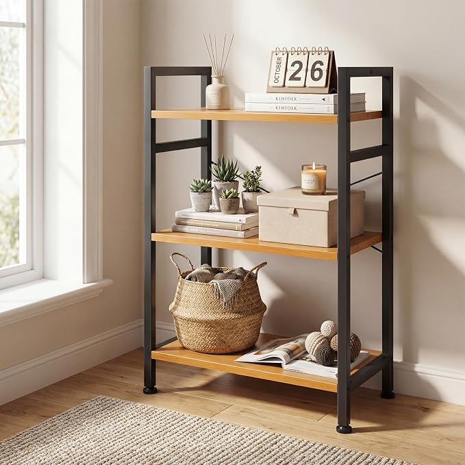 DUMOS 3 Tier Bookshelf, Home Office Bookcase Shelf Storage Organizer | Free Standing Open Display Storage Shelving Unit for Bedroom, Living Room Wood
