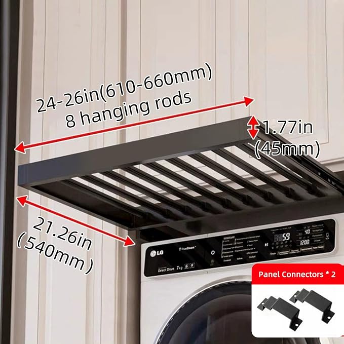 Hidden Pull Out Drying Rack, Extendable Pull Out Trousers Rack, Space Saving, Above Washing Machine Wardrobe, Aluminum Alloy, Soft-Close, Depth 21.26in Width 24-26in Grey