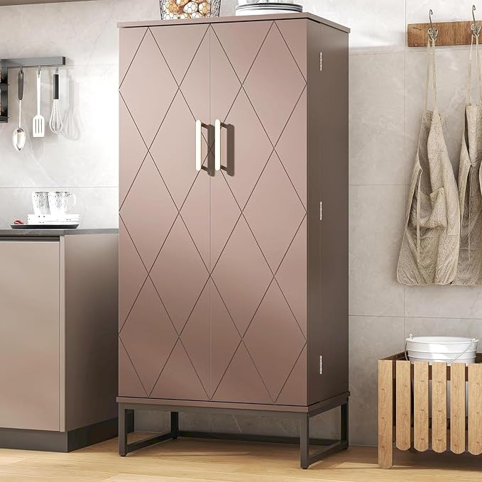 kepptory 51" Pantry Cabinet with Diamond-Patterned Doors and Golden Handles, Freestanding Kitchen Storage Cabinet with 17 Shelves, Tall Metal Base, Adjustable Feet, Grey (Brown, 16"D x 24"W x 51"H)