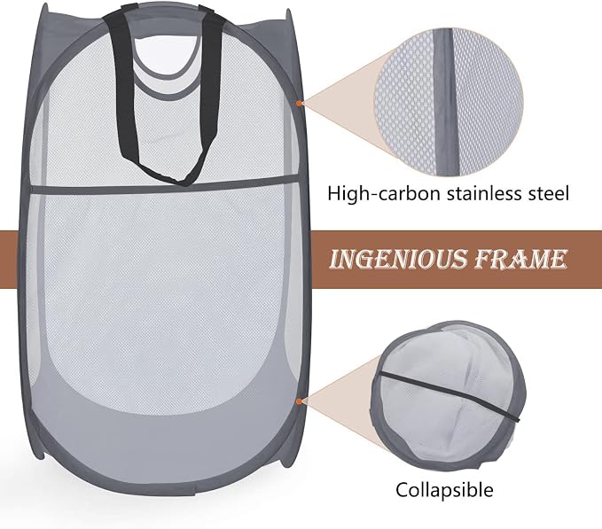 HOUSE AGAIN Strong Mesh Pop Up Laundry Hamper, 70L Collapsible Laundry Basket with Steel Frame, Double‑Stitched Handles & Side Pocket, Foldable Dirty Clothes Hamper for Dorm, Bedroom, Grey
