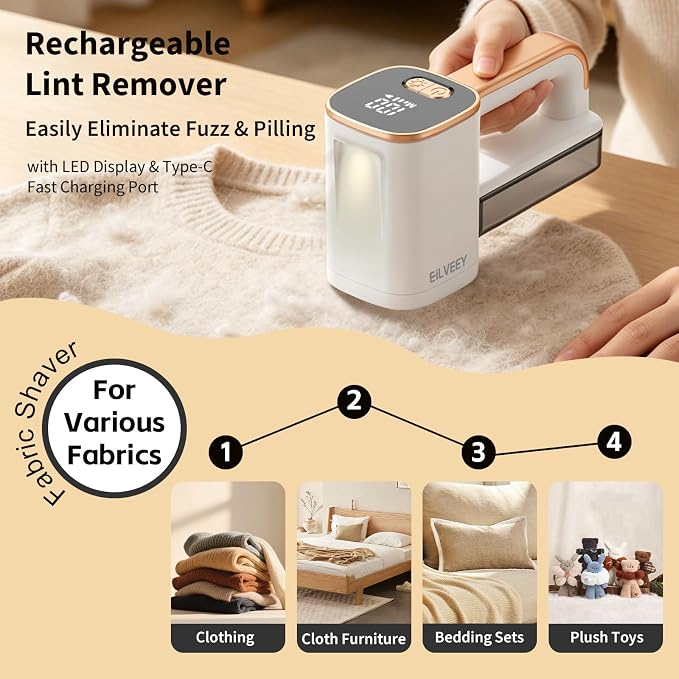 Eilveey Fabric Shaver Rechargeable Lint Remover with 3 Extra Blades & Light | Electric Lint Shaver 3 Speed Adjust, 9000 RPM Sweater Defuzzer, Pilling Remover for Clothes Furniture Couch Upholstery