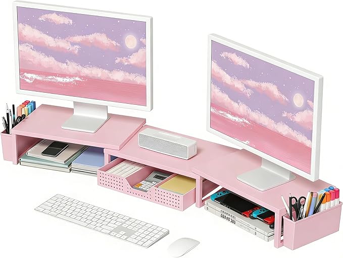 OPNICE Desk Organizers and Accessories, Dual Monitor Stand Riser with Drawer and 2 Pen Holders, Desk Shelf Computer Racks for Office Workspace Organizers, Desktop Organization (Peach-pink)