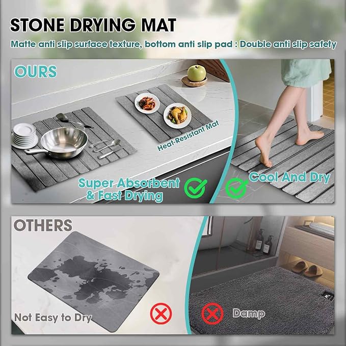 Dish Drying Mat Stone Bath Mat Diatomaceous Earth Stone Drying Mat For Kitchen Counter Sink Bath Mat Quick Dry Non Slip Foldable Dish Drying Rack Mat Small(16"×12" Dark Grey)
