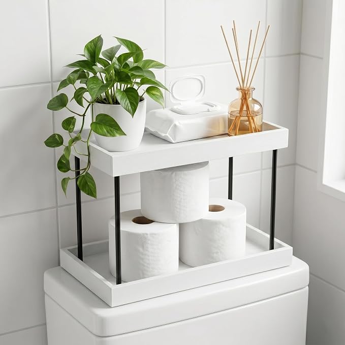 WOPITUES Bathroom Counter Organizer,2 Tier Perfume Organizer,Wooden Bathroom Organizers and Storage for Makecup Perfume Skincare,Countertop Organizer in Kitchen,Bedroom,Coffee Bar,White