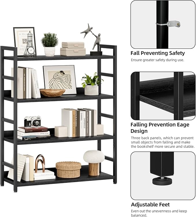 NUMENN Wide Bookshelf, 4 Tier Freestanding Shelving Unit, Black | Metal Frame & Wood Shelves, Falling Prevention Baffle, Open Storage Bookcase for Bedroom, Living Room & Home Office