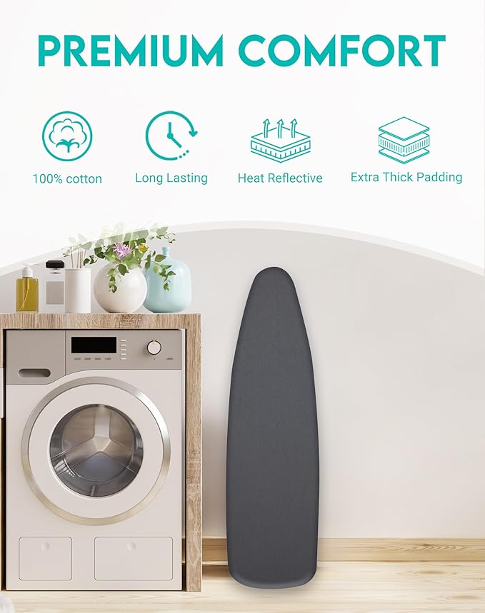 ZOES HOMEWARE 2025 Reinforced Ironing Board Cover and Pad, 15x54 Standard Size, Extra Thick Padding and Heat-Reflective Aluminium Coating, Multi-Layer Design with Elastic Edges Set, Black