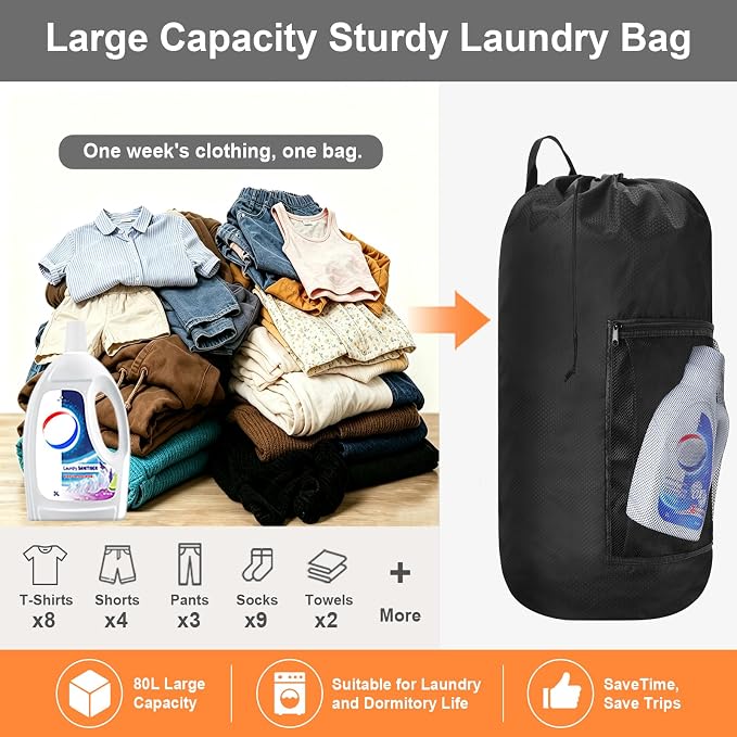 Laundry Bag Backpack Durable Laundry Bag with Shoulder Straps and Mesh Pockets Portable Laundry Hamper Dirty Clothes Bag for College, Travel, Laundromat, Apartment (Black)
