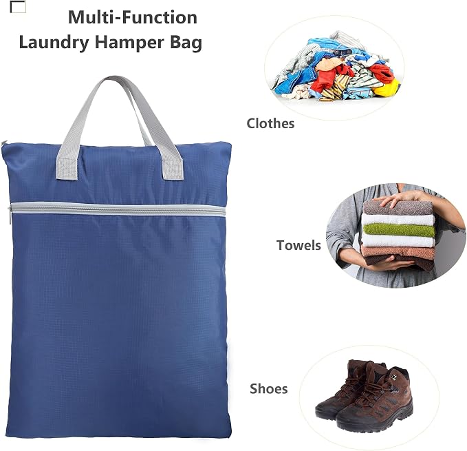 BeeGreen Navy Blue Hanging Laundry Hamper with Strap & Two Zippered Pockets Travel Laundry Bag for College Dorm Travel Day Trip Swimsuit Bathsuit