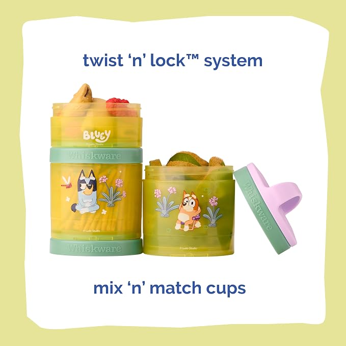 Whiskware Bluey Stackable Snack Containers for Kids and Toddlers, 3 Stackable Snack Cups for School and Travel, Bluey and Bingo, So Relaxing! (Pack of 12)