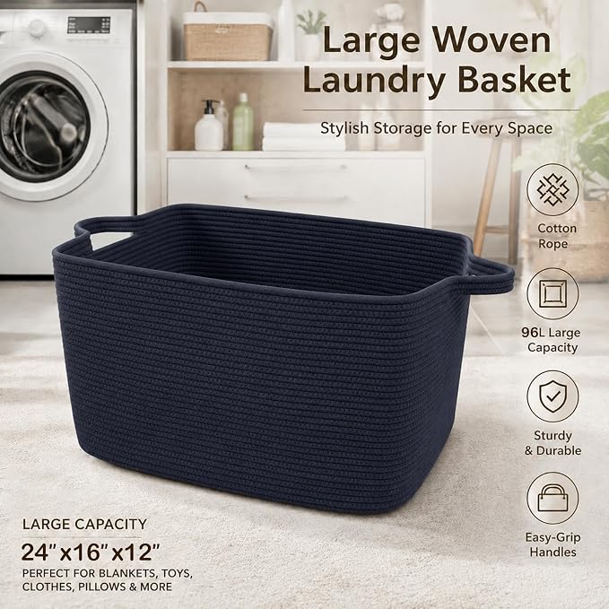 96L Woven Laundry Basket with Handles, Extra Blanket Basket,Navy | 24"×16"×15" Collapsible Cotton Rope Storage Basket for Toys Clothes & Pillows, Nursery, Bathroom, Bedroom, Living Room